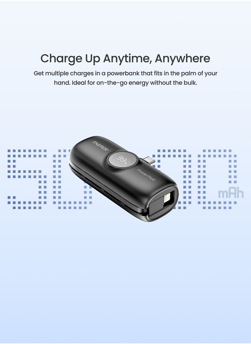 Faster S5K PowerPod, Mini Power Bank- Portable Powerbank LED Display, 20W Fast Charging, USB-C 5000mAh with Attached iPhone Cable- Portable Charger Compatible for iOS and Android- Built-in Connector Extend Power Pack Ultra Small, Ultra Compact Portable Mini Charger for Mobiles and Tablets (Black)  - Image 3