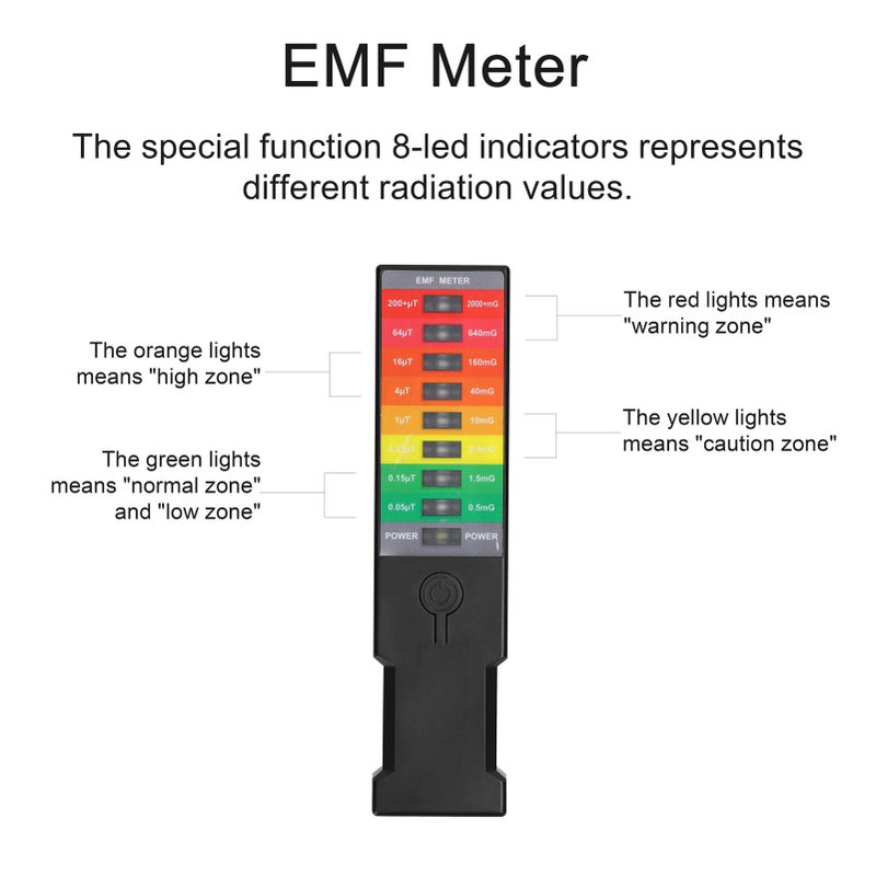 مقياس غاوس كهرومغناطيسي محمول EMF - مقياس EMF محمول - مراقب حقل مغناطيسي - كاشف كهرومغناطيسي كهربائي بيئي منزلي - مقياس غاوس بـ 8 مصابيح LED - Image 2