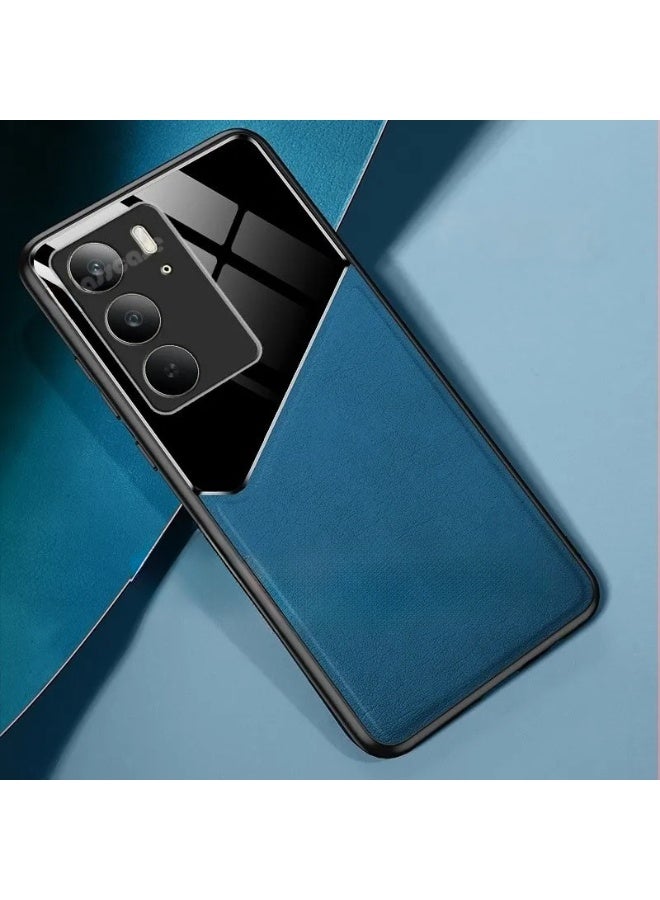 Case Compatible With Realme 14X/Realme c75 Cover Luxury Leather And Glass With Car Magnetic Holder Phone Cover Soft Frame Silicone (Blue) - Image 1