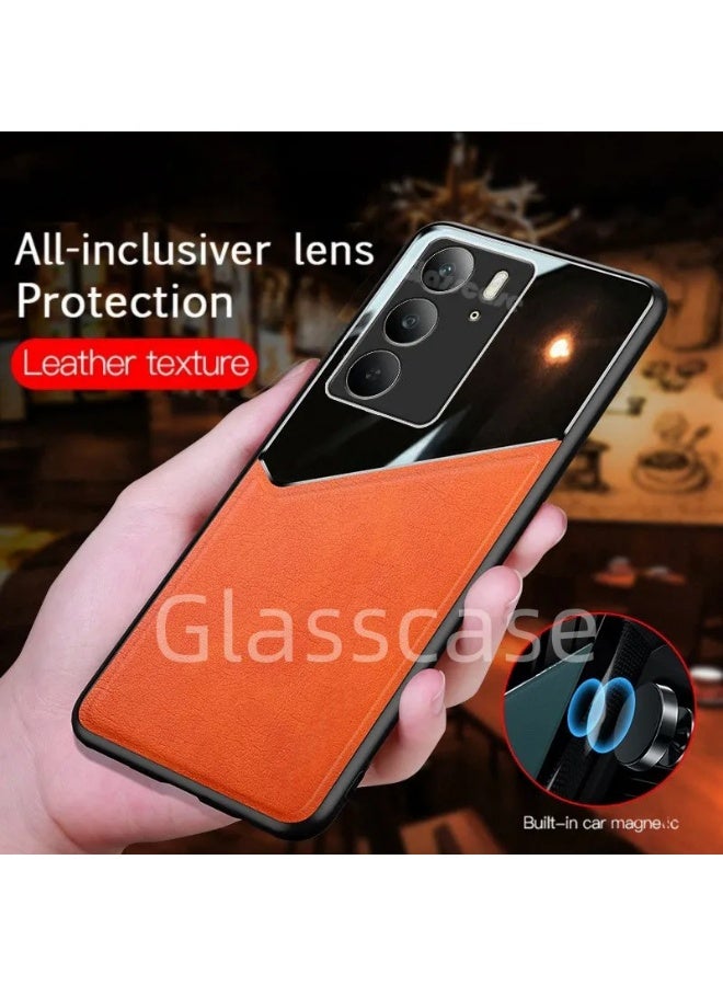 Case Compatible With Realme 14X/Realme c75 Cover Luxury Leather And Glass With Car Magnetic Holder Phone Cover Soft Frame Silicone (Blue) - Image 2