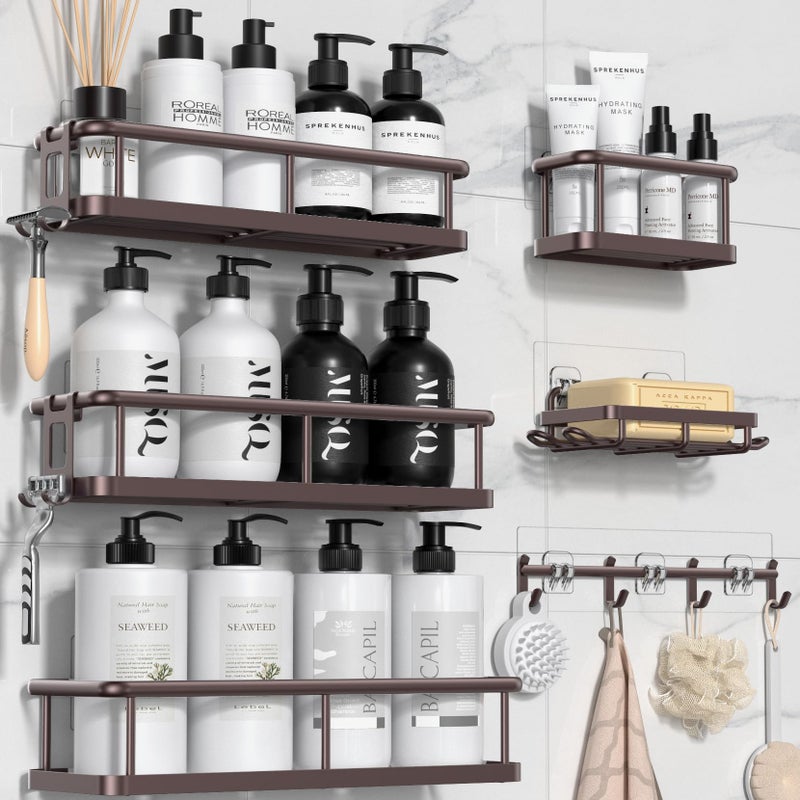 YASONIC Shower Caddy 6 Pack Large Capacity shower Organizer with Soap Holder and 12 Hooks Rustproof Shelves for Inside Shower No DrillingSleek Bathroom Organizers and Storage Bronze XL - Image 2