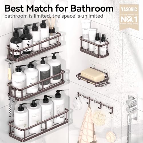 YASONIC Shower Caddy 6 Pack Large Capacity shower Organizer with Soap Holder and 12 Hooks Rustproof Shelves for Inside Shower No DrillingSleek Bathroom Organizers and Storage Bronze XL - Image 3