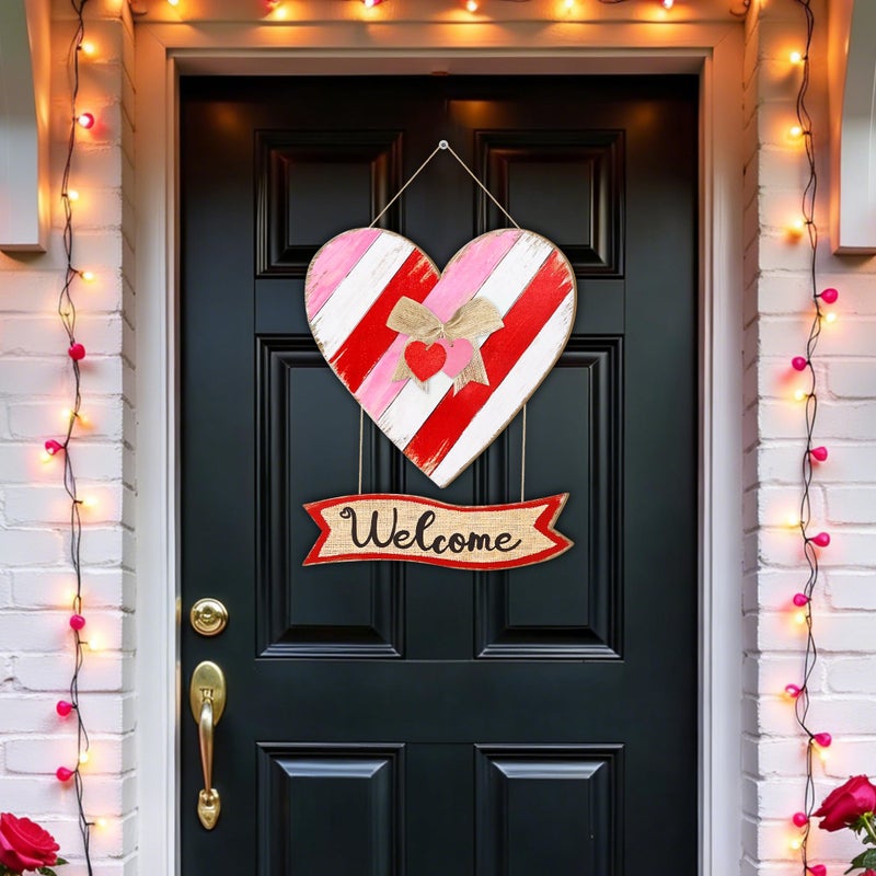 CIOEY Valentines Day Door Sign, Red Pink White Heart Wooden Signï¼ŒValentines Hanging Wreath Welcome Wood Sign for Front Door, Home, Porch, Farmhouse, Heart Sign with Ribbon - Image 4