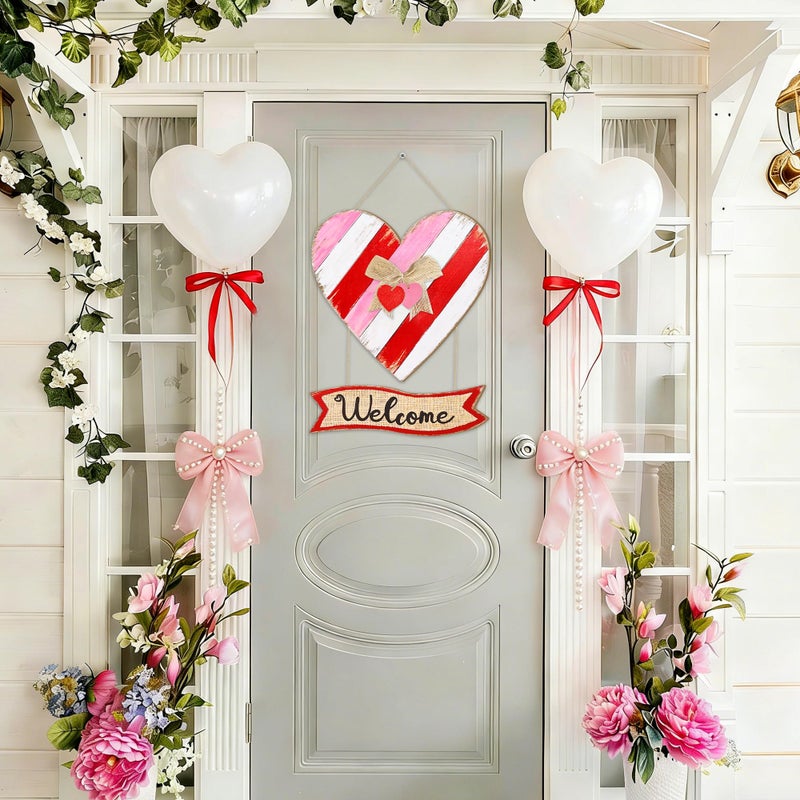 CIOEY Valentines Day Door Sign, Red Pink White Heart Wooden Signï¼ŒValentines Hanging Wreath Welcome Wood Sign for Front Door, Home, Porch, Farmhouse, Heart Sign with Ribbon - Image 3