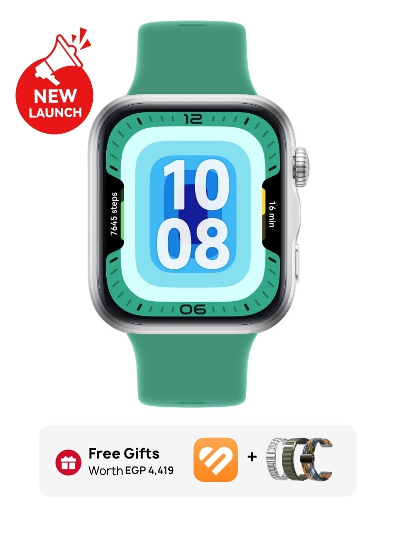 ساعة ذكية WATCH FIT 5، شاشة FullView بحجم 43 مم، متوافقة مع iOS و Android، عمر بطارية يصل إلى 10 أيام، مراقب النوم والصحة، مراقب معدل ضربات القلب، SpO2، GPS، تمارين صغيرة، باللون الأخضر مع حزام بديل مجاني 3 للذكور