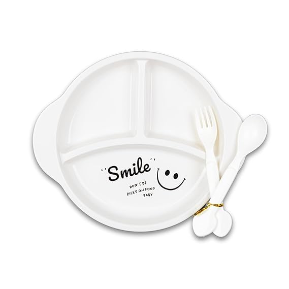SHOPECOM BPA Free Round Smile Polypropylene Kids Lunch Plate 3in1 Dinner Tray Tableware Food Serving Plates Trays for Children Feeding Food Grade Reusable Full Meals DishWhite 1pc - Image 1