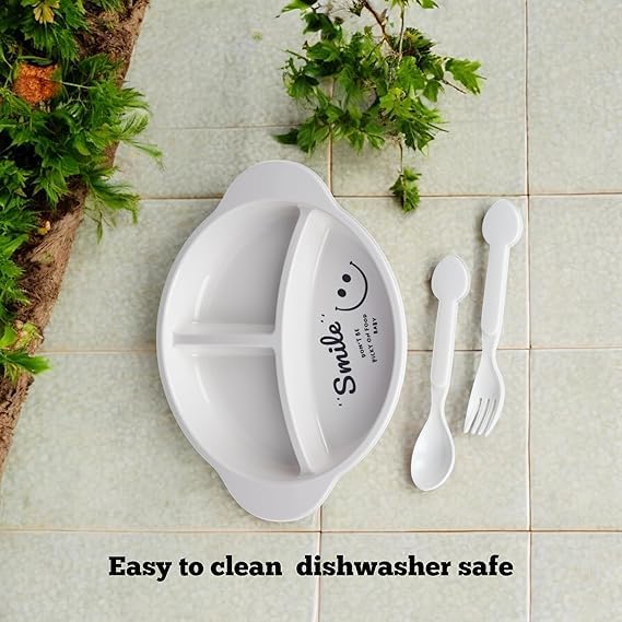 SHOPECOM BPA Free Round Smile Polypropylene Kids Lunch Plate 3in1 Dinner Tray Tableware Food Serving Plates Trays for Children Feeding Food Grade Reusable Full Meals DishWhite 1pc - Image 5