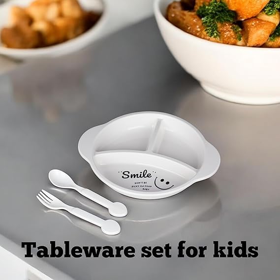 SHOPECOM BPA Free Round Smile Polypropylene Kids Lunch Plate 3in1 Dinner Tray Tableware Food Serving Plates Trays for Children Feeding Food Grade Reusable Full Meals DishWhite 1pc - Image 4