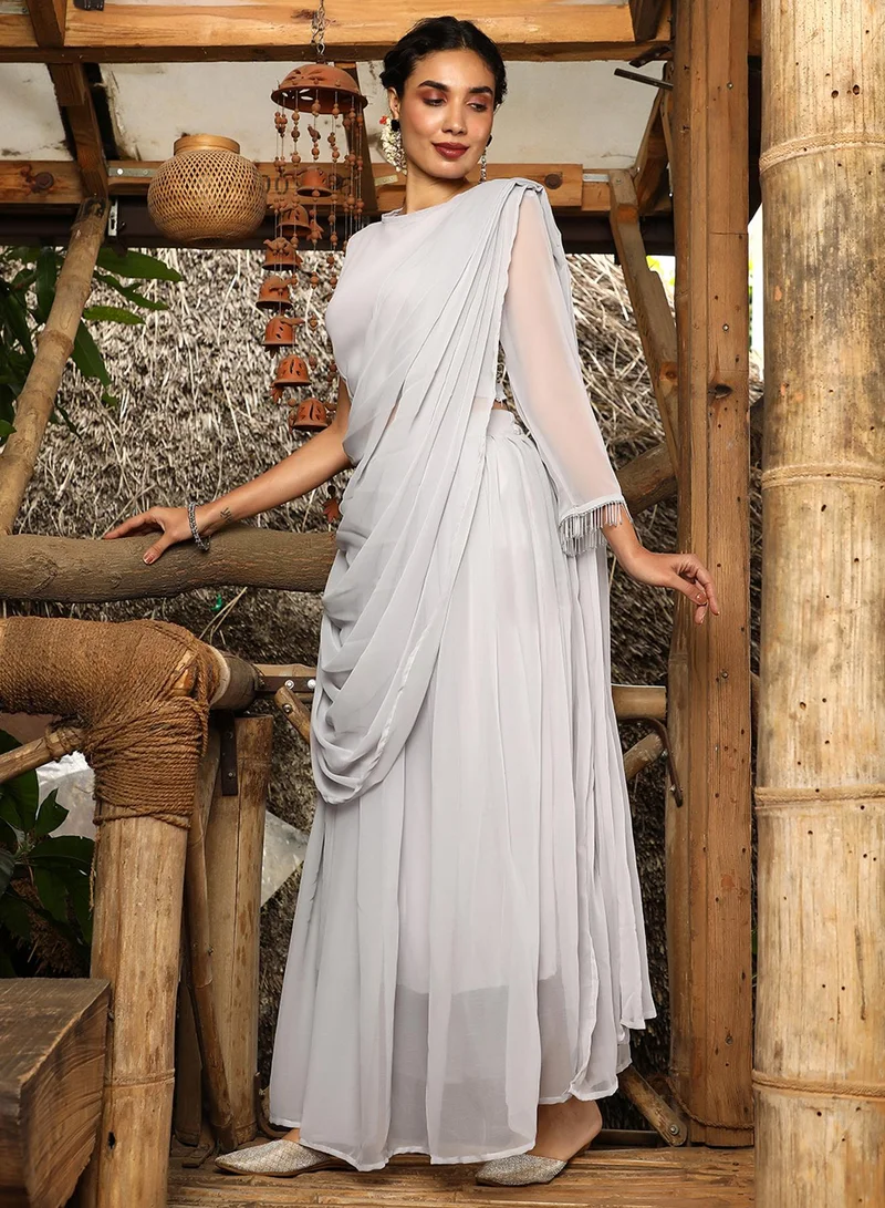  قصة Women's Midnight Black Embellished Lined Pre-Draped Saree