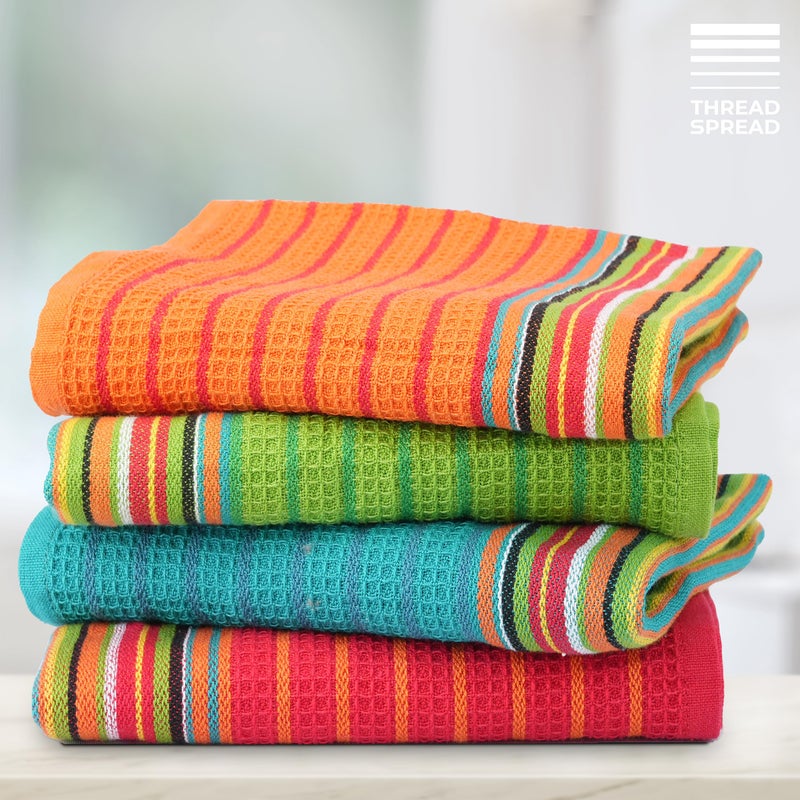 THREAD SPREAD Kitchen Dish Towels, 100% Cotton Salsa Towels, Set of 4 (16x28 Inches), Multi Purpose Cooking Drying Restaurant Bar Cleaning Cloth Napkin, Highly Absorbent, Lint Free (Red & Orange) - Image 1