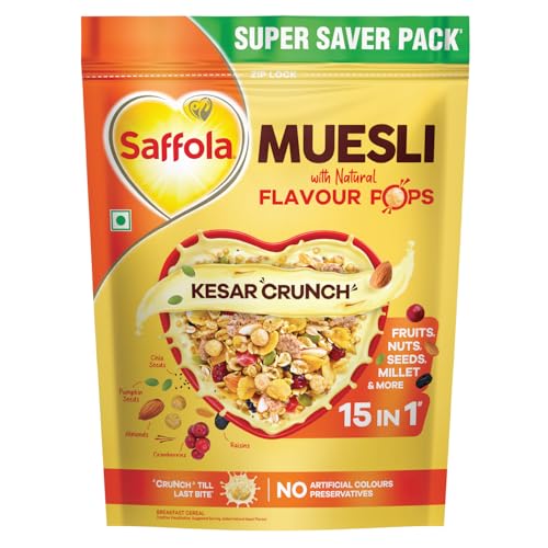 Saffola Muesli Kesar Crunch with Flavour Pops, 700 gm | 15 in 1 Fruit and Nuts, Seeds, Millet & more | Cereals for breakfast rich in wholegrain, protein, fibre - Image 1