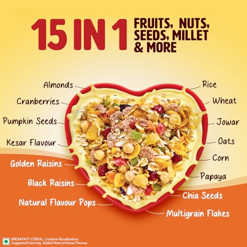 Saffola Muesli Kesar Crunch with Flavour Pops, 700 gm | 15 in 1 Fruit and Nuts, Seeds, Millet & more | Cereals for breakfast rich in wholegrain, protein, fibre - Image 3