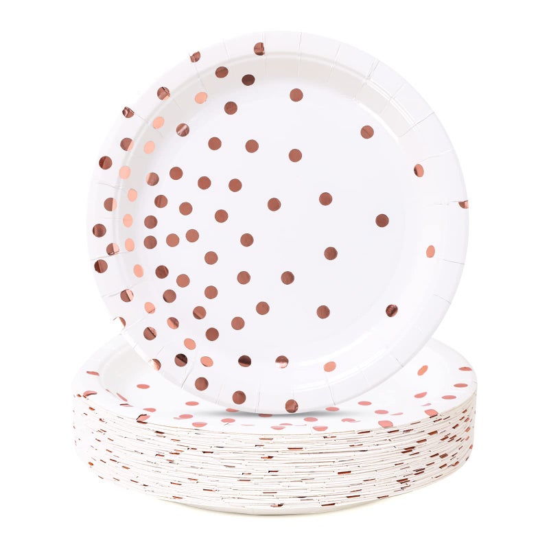 CENLBJ White and Rose Gold Party Supplies Rose Golde Dot Paper Dessert Plates 50Count
