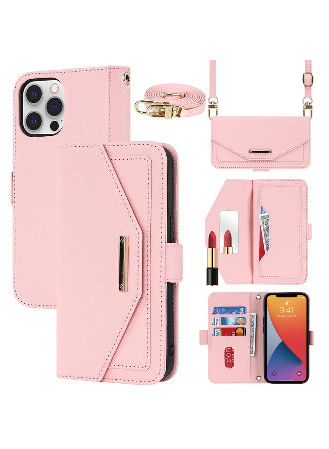 زبون جراب هاتف iPhone 12 / 12 Pro جراب هاتف جلدي بملمس متقاطع مع حبل - Image 1