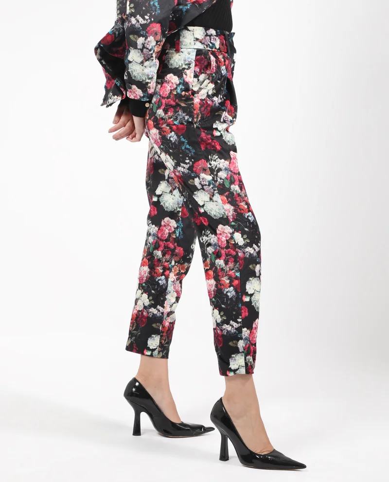 Rareism Women's Floral Velvet Slim Fit Trouser