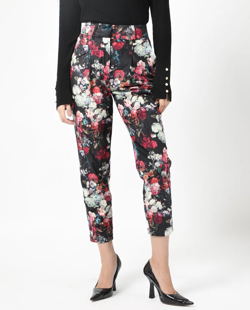 Rareism Women's Floral Velvet Slim Fit Trouser