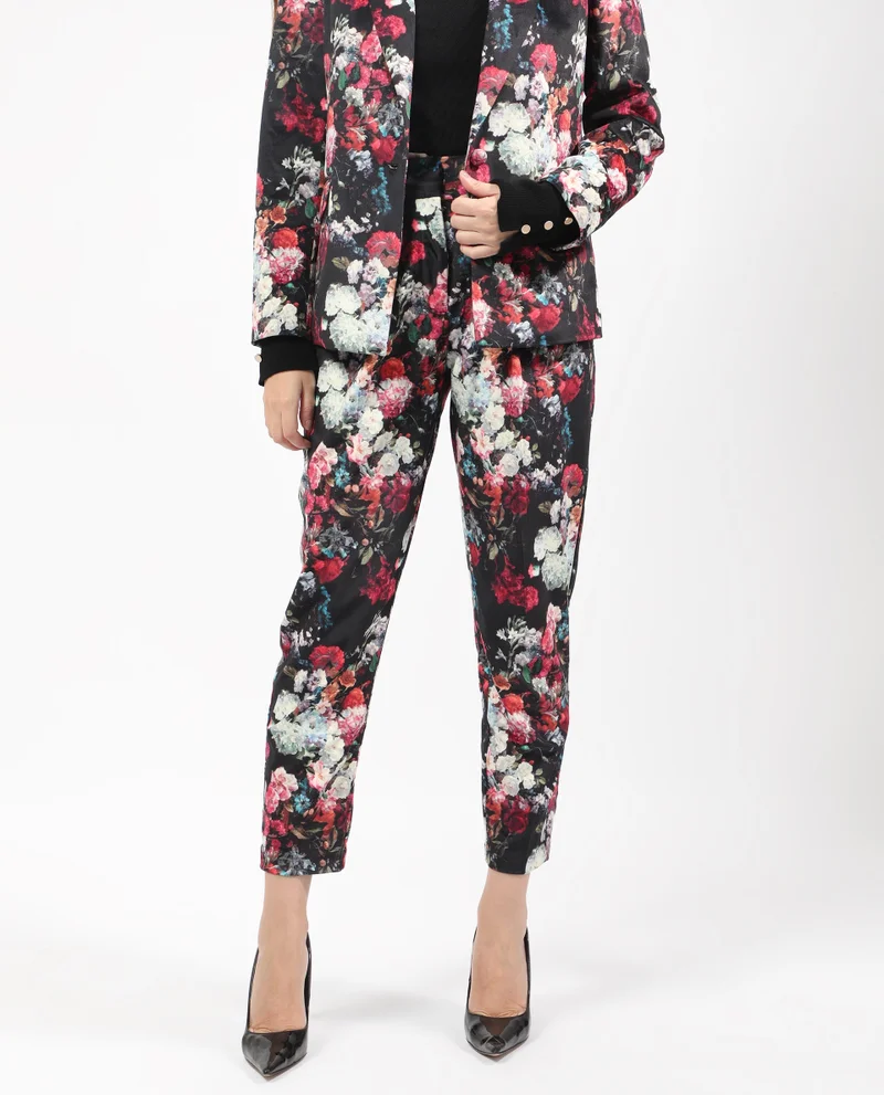 Rareism Women's Floral Velvet Slim Fit Trouser