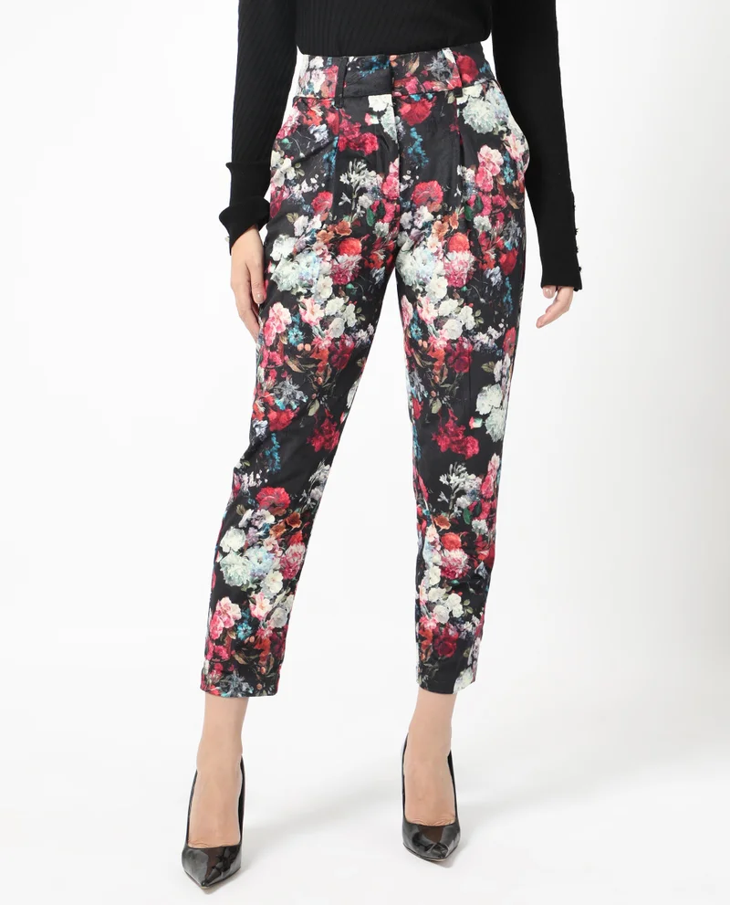 Rareism Women's Floral Velvet Slim Fit Trouser