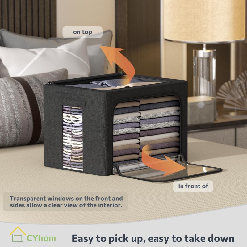 CYhom 3Pack Foldable Storage Bins - Frame Storage Box Linen Fabric Stackable Clothes Container Organizer with Clear Window & Carry Handles Large Capacity (Medium-36L, Black) - Image 2