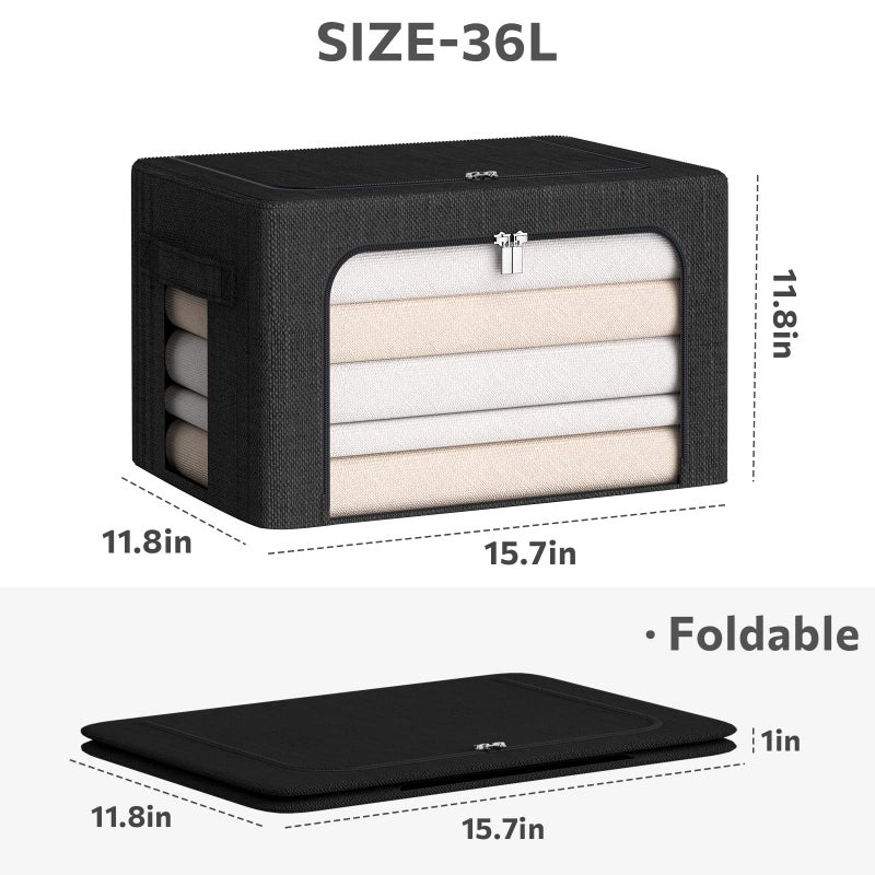 CYhom 3Pack Foldable Storage Bins - Frame Storage Box Linen Fabric Stackable Clothes Container Organizer with Clear Window & Carry Handles Large Capacity (Medium-36L, Black) - Image 5