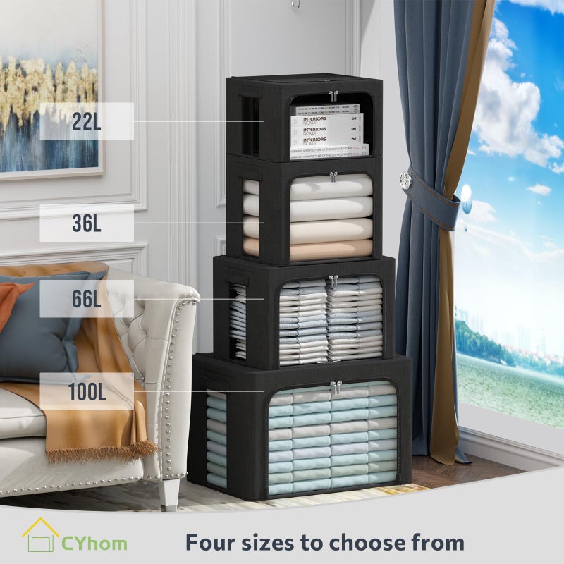 CYhom 3Pack Foldable Storage Bins - Frame Storage Box Linen Fabric Stackable Clothes Container Organizer with Clear Window & Carry Handles Large Capacity (Medium-36L, Black) - Image 3