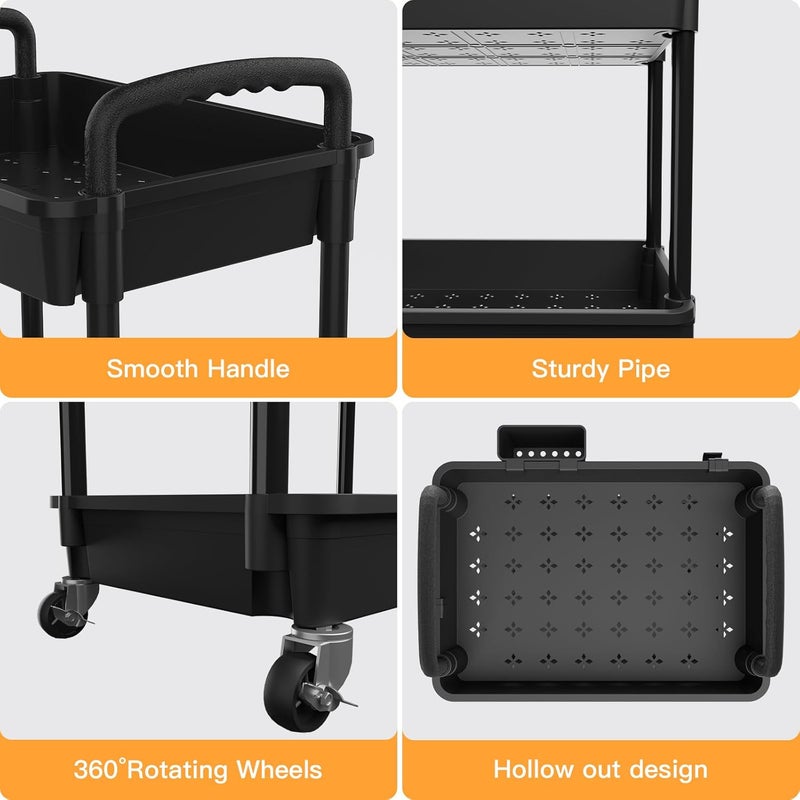 REBECAT 3 Tier Rolling Utility Cart with Handle, Utility Cart Made of Multifunctional Storage Organizer Tool for Kitchen,Bathroom,Living Room,Office(Black) - Image 2