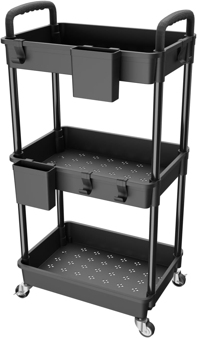 REBECAT 3 Tier Rolling Utility Cart with Handle, Utility Cart Made of Multifunctional Storage Organizer Tool for Kitchen,Bathroom,Living Room,Office(Black) - Image 1