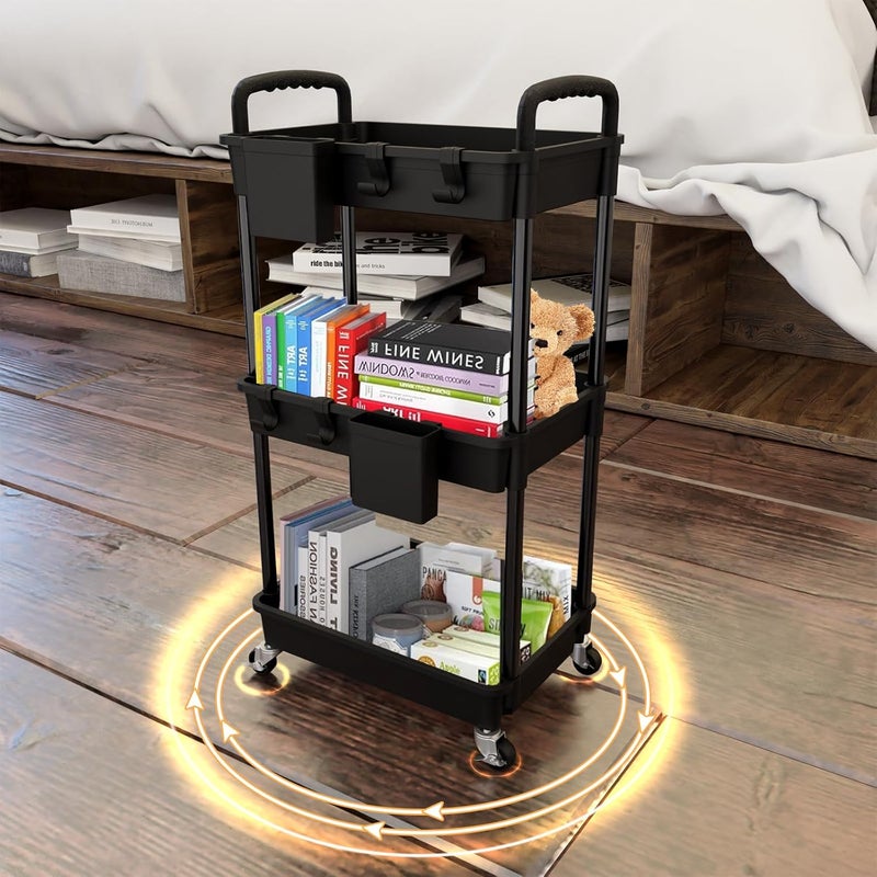 REBECAT 3 Tier Rolling Utility Cart with Handle, Utility Cart Made of Multifunctional Storage Organizer Tool for Kitchen,Bathroom,Living Room,Office(Black) - Image 3