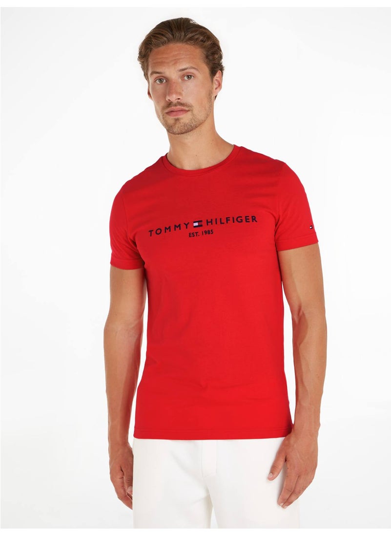 TOMMY HILFIGER Men's Logo Embroidery Slim T-Shirt -  Cotton, Red  - Image 1