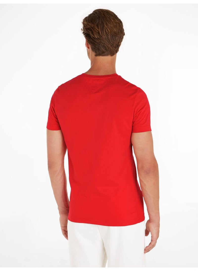 TOMMY HILFIGER Men's Logo Embroidery Slim T-Shirt -  Cotton, Red  - Image 3