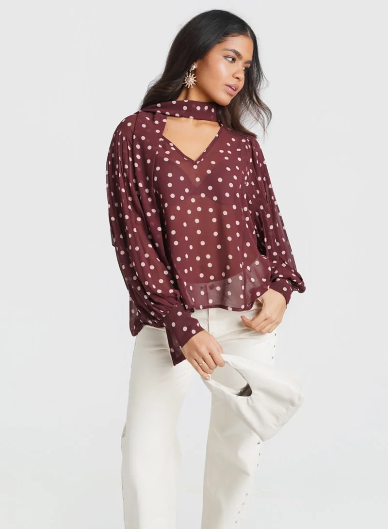 نيدز نو ليبل Burgundy Polka Dot Tie Neck Blouse