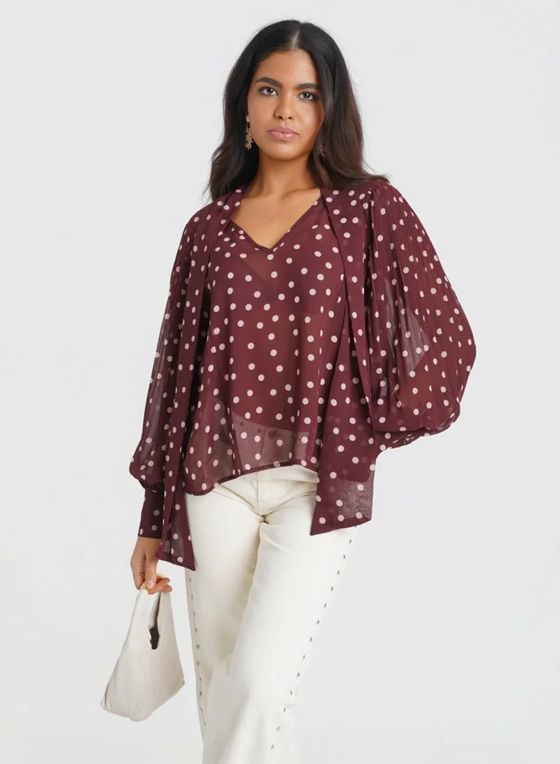 Burgundy Polka Dot Tie Neck Blouse