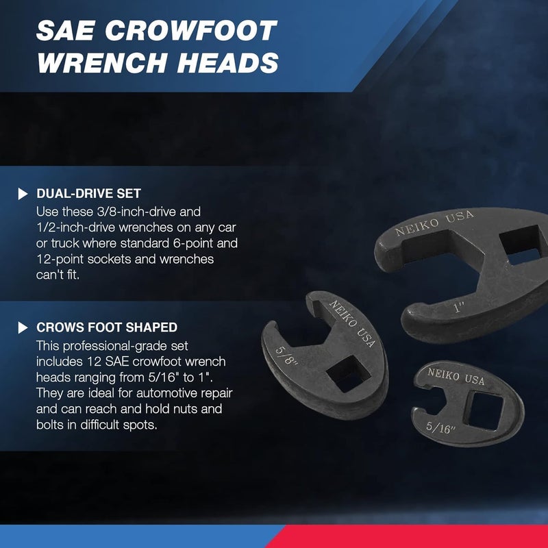 Neiko 03323A Crowfoot Wrench Set 1/2" and 3/8” Drive, 12 Piece, SAE Crows Foot Wrench Sizes 5/16” to 1”, Chrome-Moly Flare Nut Wrench Set - Image 2