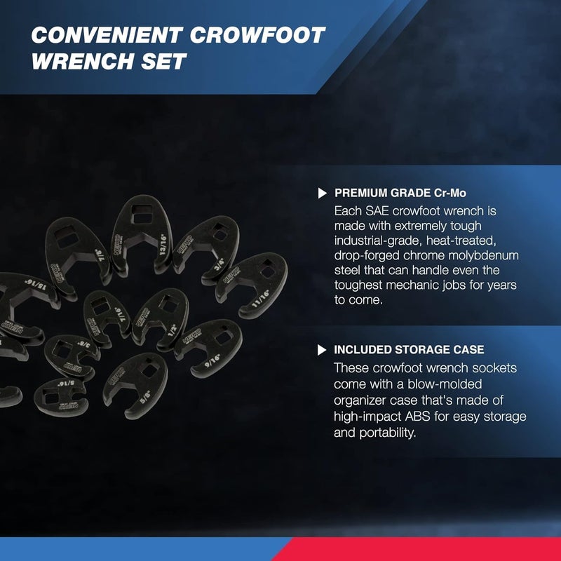 Neiko 03323A Crowfoot Wrench Set 1/2" and 3/8” Drive, 12 Piece, SAE Crows Foot Wrench Sizes 5/16” to 1”, Chrome-Moly Flare Nut Wrench Set - Image 3