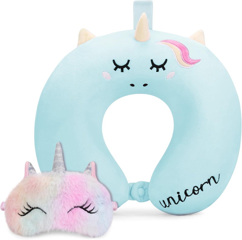 OBloved Toddler Unicorn Neck Pillow with Eye Mask - Memory Foam Travel Essentials - Image 1