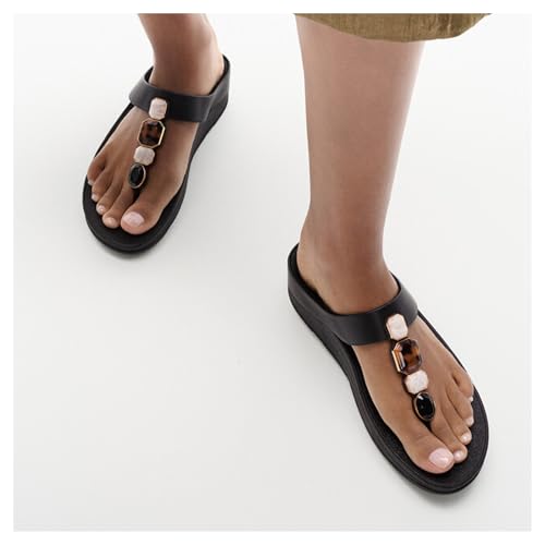 FitFlop Women's Fino Multi-Stone Leather Toe-Post Sandals Wedge, Black, 7 - Image 3