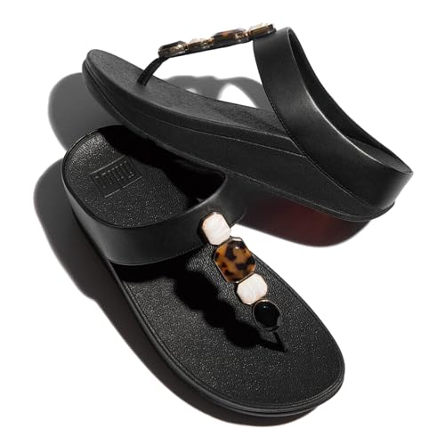FitFlop Women's Fino Multi-Stone Leather Toe-Post Sandals Wedge, Black, 7 - Image 4
