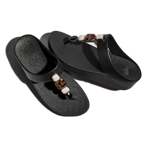FitFlop Women's Fino Multi-Stone Leather Toe-Post Sandals Wedge, Black, 7 - Image 2