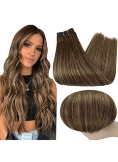 Full Shine Hair Wefts Human Hair Sew in Hair Extensions Balayage Color 4 Medium Brown Fading to 24 Honey Blonde Mix Brown Weft Hair Extensions 105 Grams Sew in Bundles 18 Inch  - Image 1