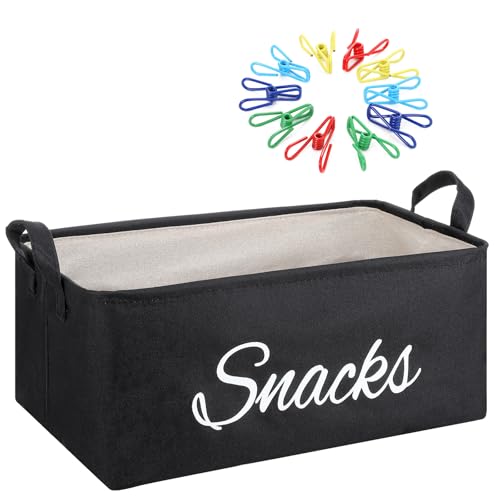 Newtay 17 Pcs Snack Basket Sets, Snack Storage Bin for Pantry Shelves with 16 Pcs 2 Inch Chip Clips, Basket Organizer for Kitchen Home, Chips, Popcorn, Candy, Pretzels(Burlap,Black) - Image 1