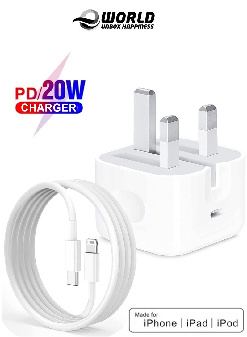 Eworld iPhone 20W Fast Charger with USB-C to Lightning Cable, PD 3.0 Adapter for iPhone 14/13/12/11/XR/XS/X/SE & iPad – MFi Certified, Safe & Travel-Friendly - Image 1
