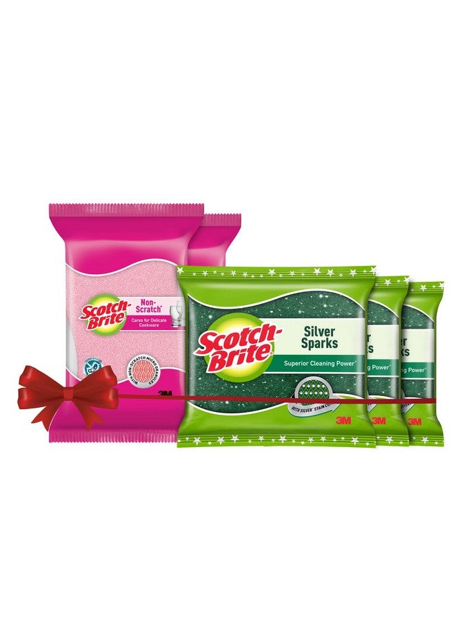 Scotch  Non-Scratch Sponge Scrub For Ceramics, Non -Stick, Glassware (2 Units) & Silver Sparks Scrub Pad For Dishwashing (3 Units) - Image 1
