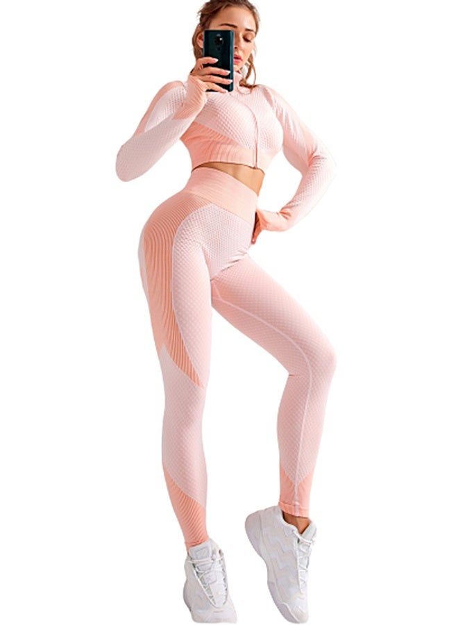 جوي شيك النساء 2 قطعة طويلة الأكمام السحاب المحاصيل أعلى مجموعة ممارسة، سلس عالية الخصر الرياضية الملابس، اليوغا اللياقة البدنية تشغيل، السفر اليومي (الوردي)