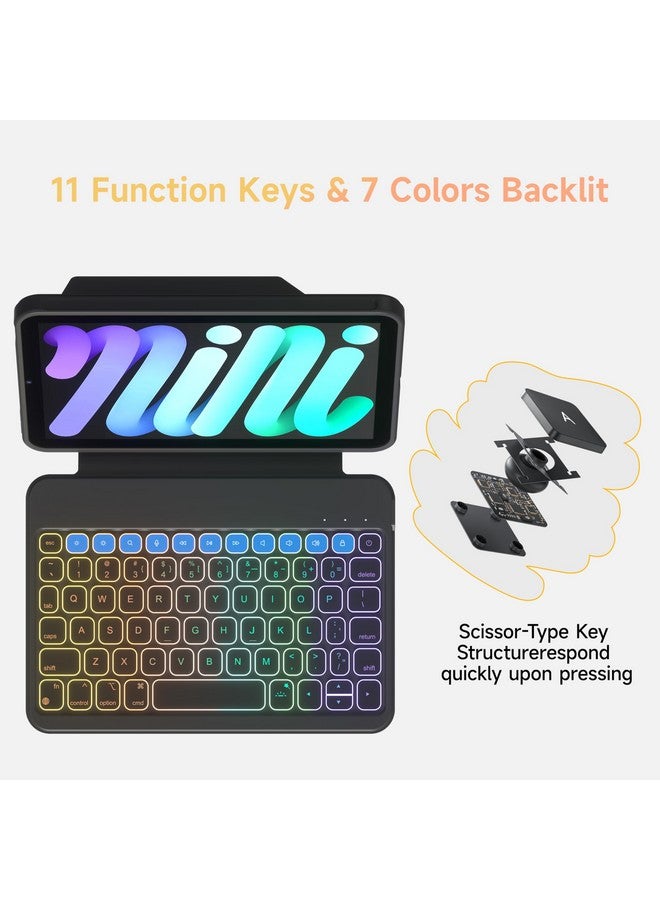 هوو حافظة لوحة مفاتيح HOU لجهاز iPad Mini 7/6، حامل قابل للتعديل بزاوية 156 درجة، حافظة حماية كاملة قابلة للفصل لجهاز iPad Mini 7/6، 11 مفتاح اختصار، إضاءة خلفية 7 ألوان، سيليكون بولي يوريثان، متعددة الوظائف، بلوتوث  - Image 5