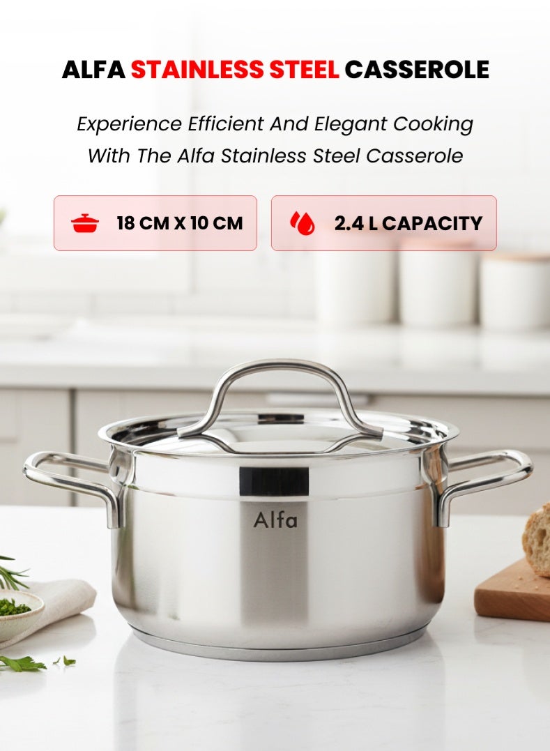 ALFA Stainless Steel Casserole with Lid | 2.4 L | 18/10 Food-Grade Steel | Triplex Capsule Bottom | Induction & Gas Compatible - Image 1