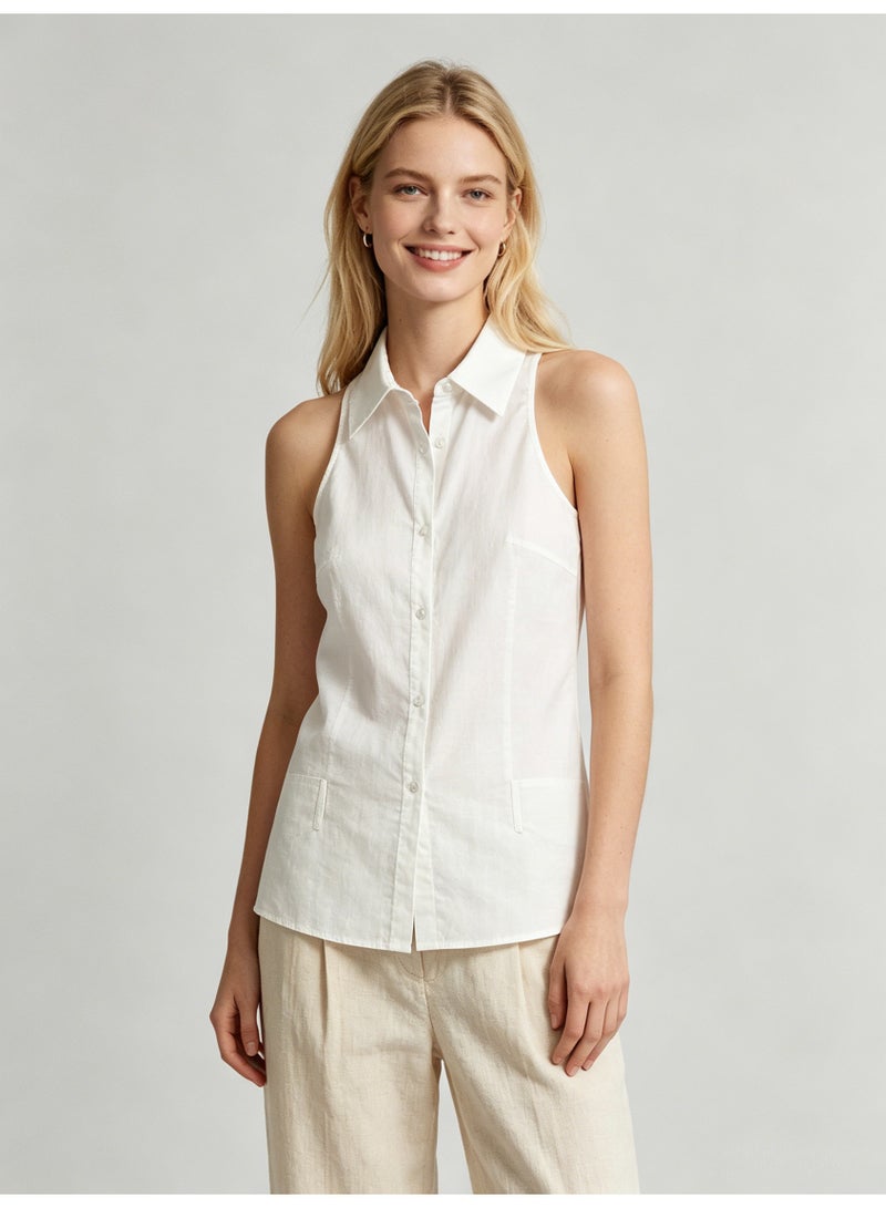 زارا ZARA Women’s White Sleeveless Collared Button Down Tank Shirt with Chest Pocket - Image 4