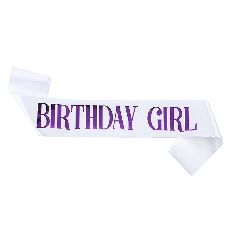 Birthday Queen Sash Satin Gold Belt Purple on white background BIRTHDAY GIRL