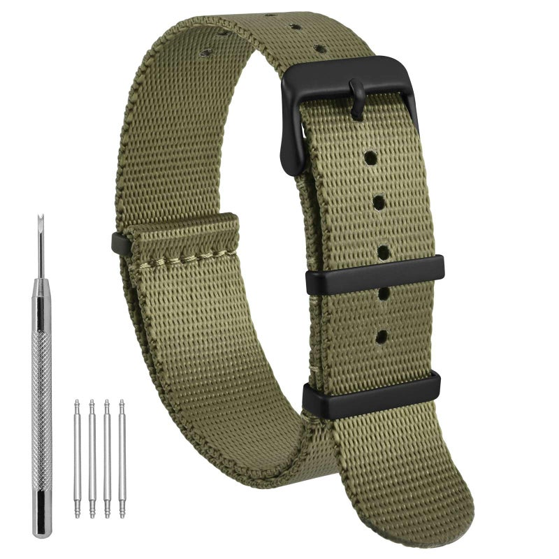WOCCI 18mm Military Nylon Watch Band, One-piece Nylon Strap for Men and Women, Black Buckle (Army Green) - Image 1