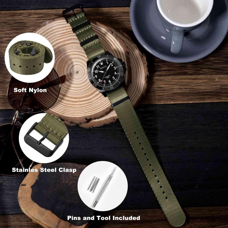 WOCCI 18mm Military Nylon Watch Band, One-piece Nylon Strap for Men and Women, Black Buckle (Army Green) - Image 3