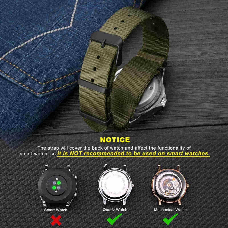 WOCCI 18mm Military Nylon Watch Band, One-piece Nylon Strap for Men and Women, Black Buckle (Army Green) - Image 2
